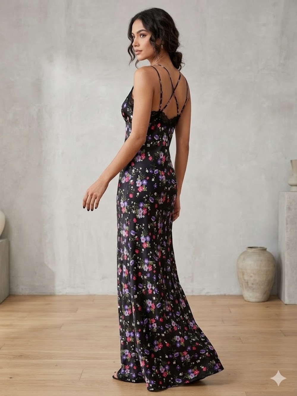 Floral Lace-Trim Black Maxi Slip Dress or Nightgown with Spaghetti Straps, 14/16